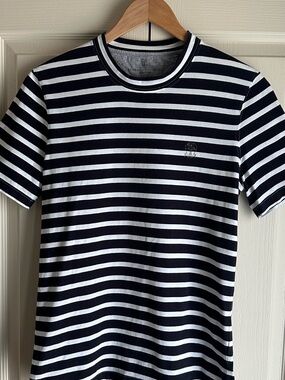 Brunello Cucinelli Navy and White Striped Crewneck Tee